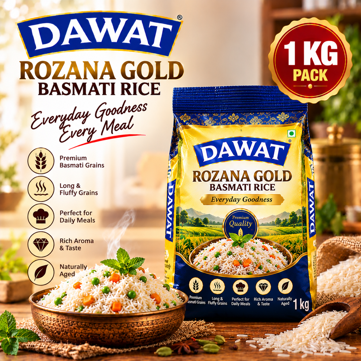 Dawat Rozana Gold Basmati Rice 1kg